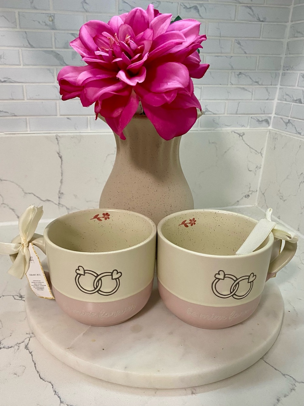 Badgley Mischka Cream and Pink Ceramic Mug Pair with Intertwined Ring Motif - Picture 5 of 5